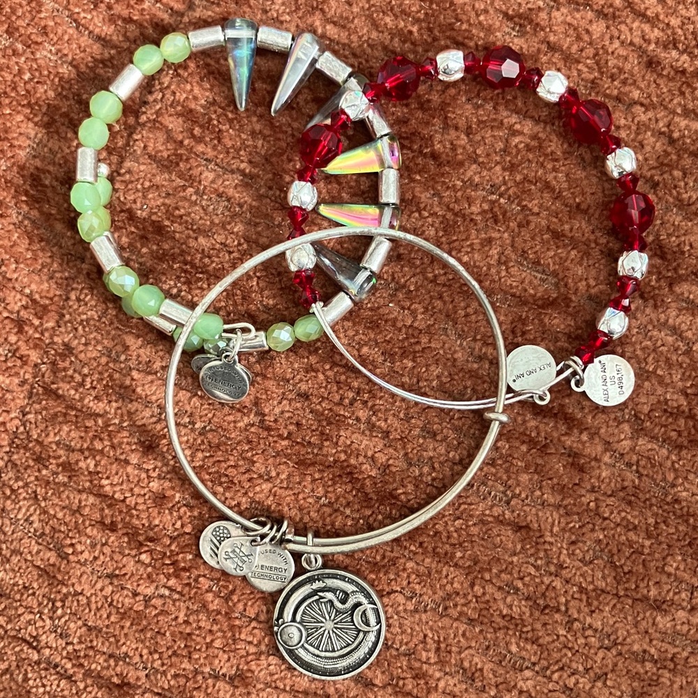Alex and Ani Silver, Red, and Green Adjustable Bracelet Set